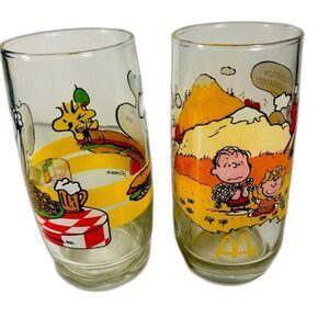 2 Snoopy Glasses McD's Peanuts Gang Camp Snoopy & Chef Snoopy Drinking g…